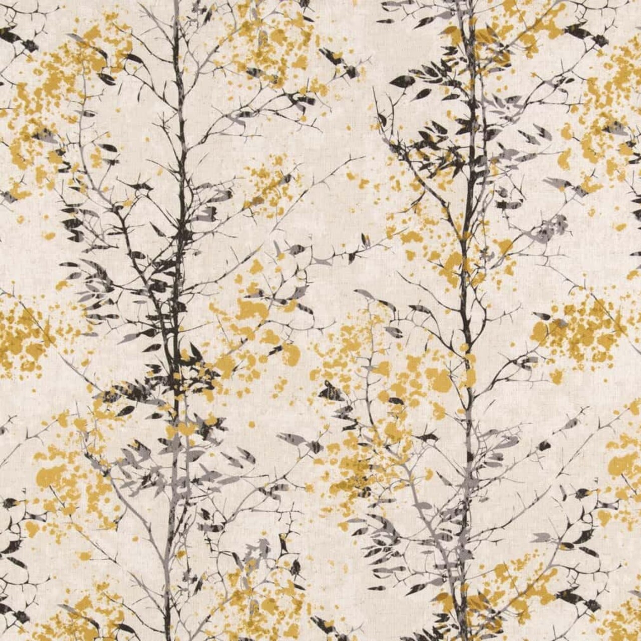 Black Yellow Grey Stain Resistant Performance Abstract Leaves Linen Look Print Upholstery Fabric by The Yard - SKU: Selena Tuscan